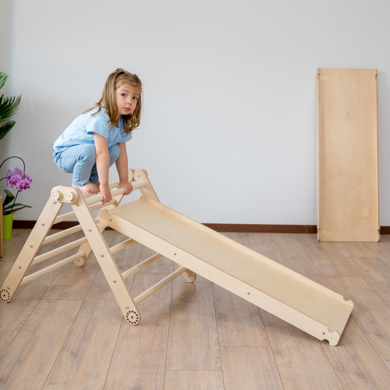 Pink Triangle Ramp Pikler Triangle with Double-sided Ramp – Wooden Magic