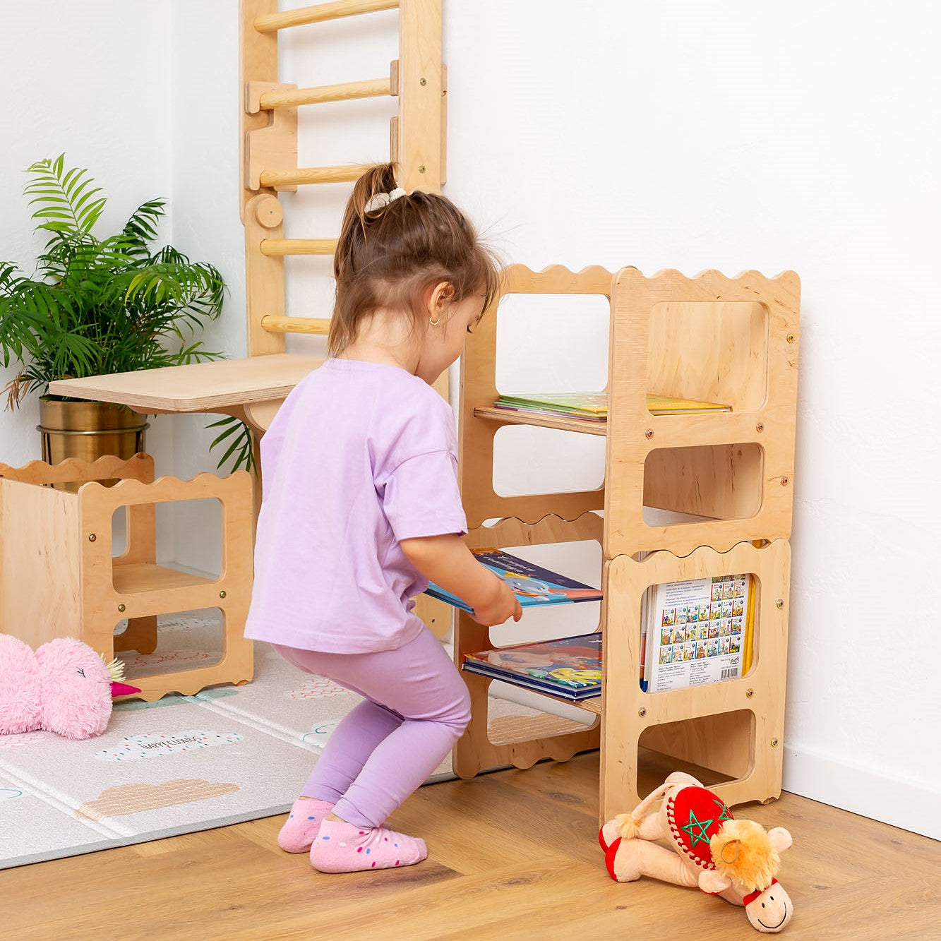 Stackable Wooden Chair for Kids, Chair-Table-Library