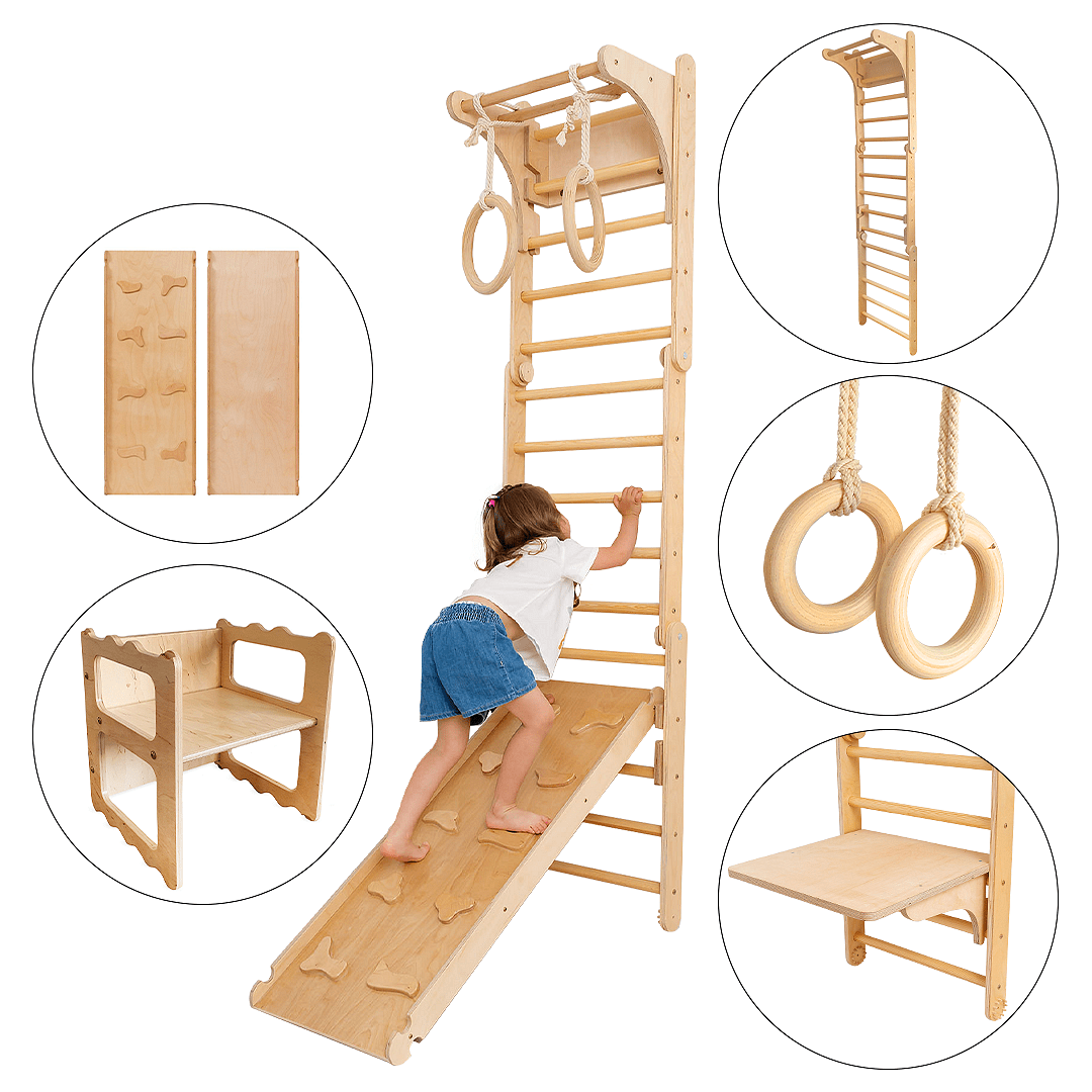 Swedish Wall with Gymnastic Rings for Kids, Ramp 2in1, Table and Stool